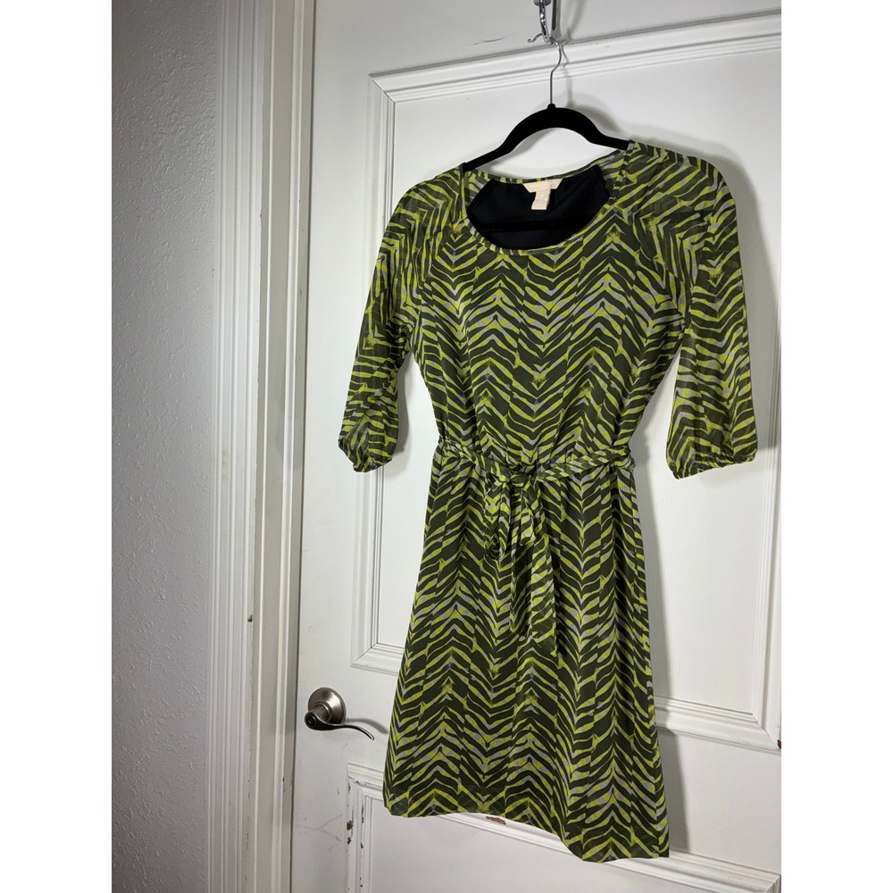 Banana Republic Green Chevron Print 3/4 Sleeve Belted Dress 0P S/623878-00